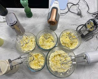 Image of Oster hand mixer during the review process with four other leading hand mixers