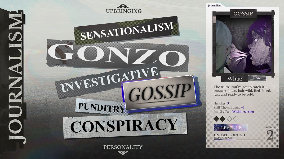 Sample skills menu for Kickstarter game Hopetown, showing abilities like "Sensationalism" or "Gonzo"