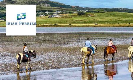 irish ferries logo top left with people riding horses on a beach
