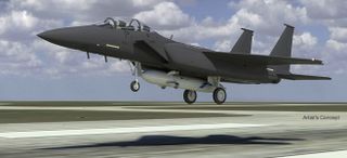 Artist's concept of the DARPA Airborne Satellite Launch Vehicle under an F-15E aircraft.