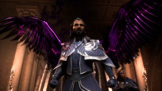 Lucanis barges into the Dellamorte manor with his purple wings flared