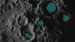 This NASA illustration depicts how water ice may lie hidden at the bottom of deep south pole craters that are in permanent shadow on the moon. The idea of ice in the floors of the moon's sunlight-shy polar craters was first publicized in 1961 by Caltech r