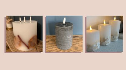 Three of the best flameless candles pictured against a pale beige background