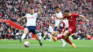 Diogo Jota hits Liverpool's winner in their 4-3 win over Tottenham at Anfield in April 2023.