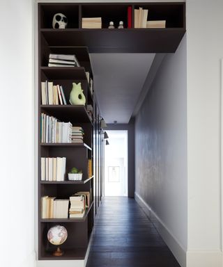 Corridor landing with built-in book shelving and tall cabinets with white walls