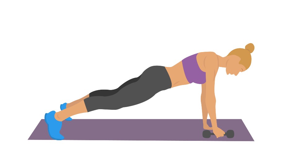 Vector woman against white backdrop doing a push-up holding dumbbell