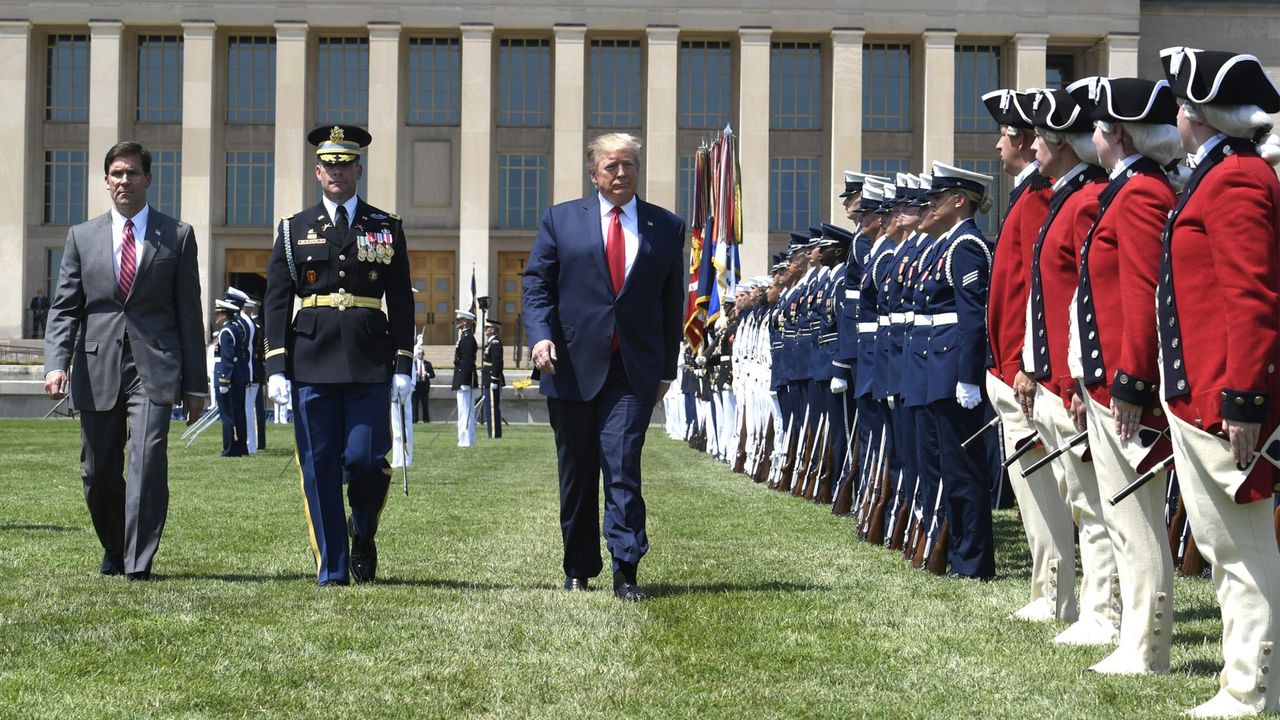 Donald Trump inspects troops at the Pentagon on July 25, 2019.