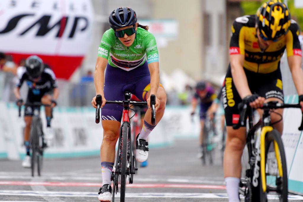 PUEGNAGO DEL GARDA ITALY JULY 08 Elise Chabbey of Switzerland and Canyon SRAM Racing Team Green Mountain Jersey at arrival during the 32nd Giro dItalia Internazionale Femminile 2021 Stage 7 a 1096km stage from Soprazocco di Gavardo to Puegnago Del Garda 219m GiroDonne UCIWWT on July 08 2021 in Puegnago del Garda Italy Photo by Luc ClaessenGetty Images