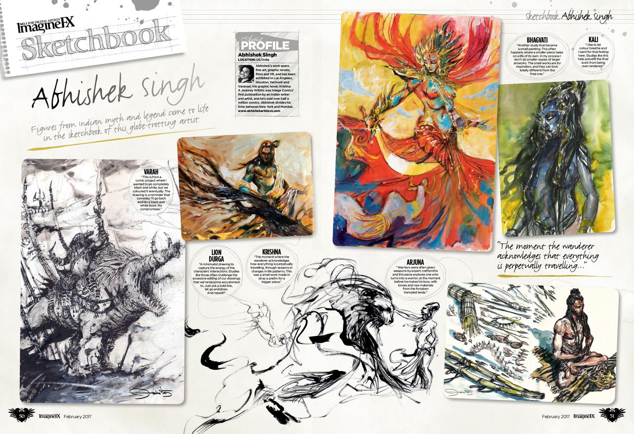 The striking drawings of comic artist Abhishek Singh feature in this month&rsquo;s Sketchbook section.