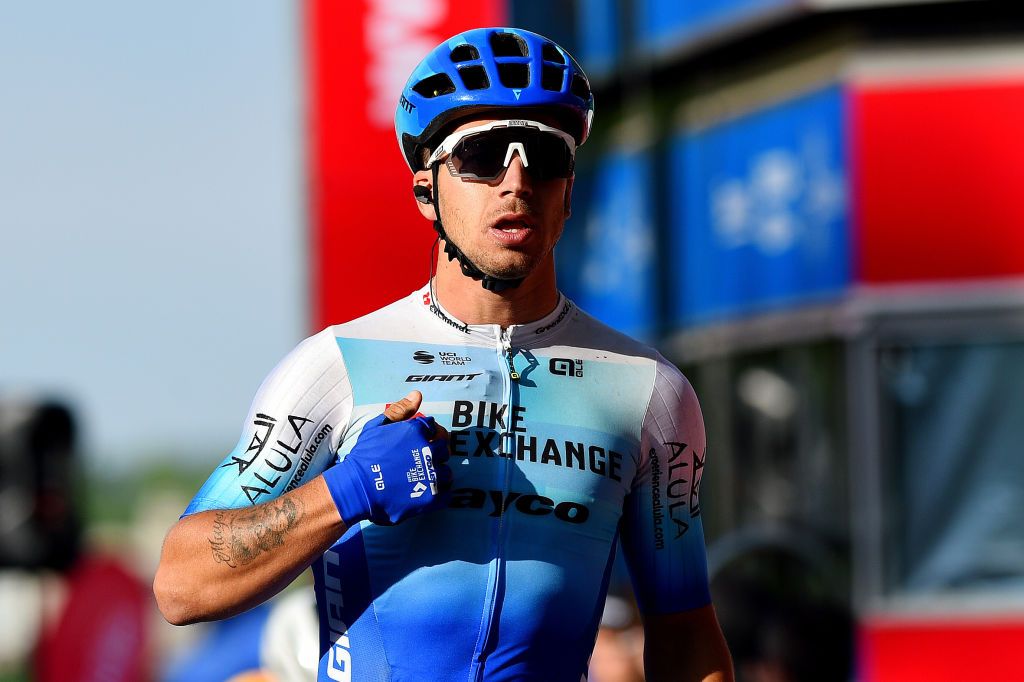 KAZINCBARCIKA HUNGARY MAY 14 Dylan Groenewegen of Netherlands and Team BikeExchange Jayco celebrates at finish line as stage winner during the 43rd Tour de Hongrie 2022 Stage 4 a 177km stage from Kazincbarcika to Kazincbarcika tourdehongrie on May 14 2022 in Kazincbarcika Hungary Photo by Dario BelingheriGetty Images