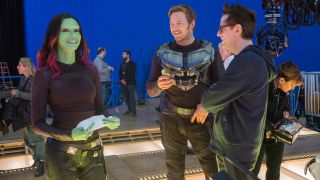 Zoe Saldaña, Chris Pratt and James Gunn in Guardians of the Galaxy Vol. 2