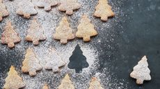 Christmas tree cookies sprinkled in icing sugar