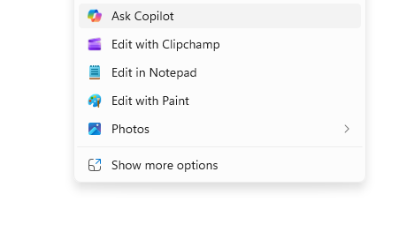 Copilot options in File Explorer