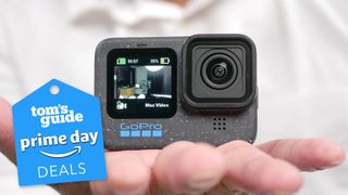 A photo of the GoPro Hero12 Black in hand with a deals tag denoting Amazon Prime Day