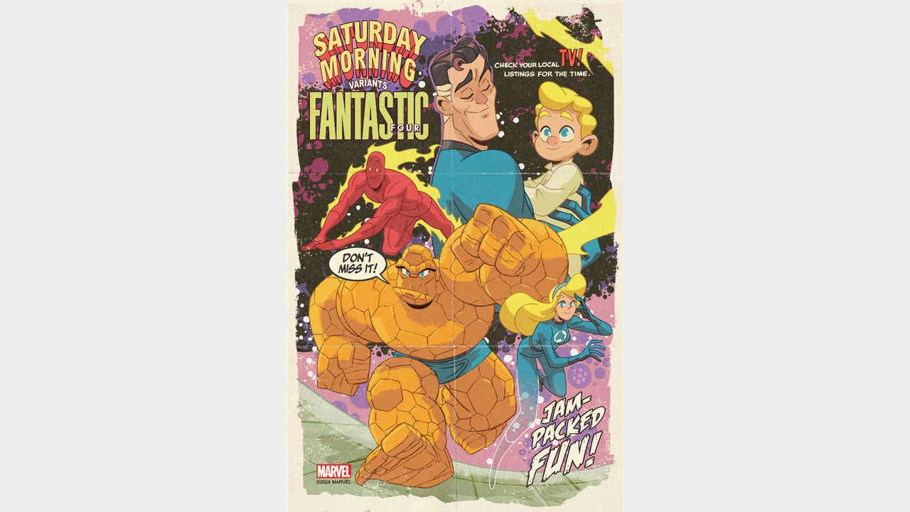 The Fantastic Four drawn in a cartoonish animated style