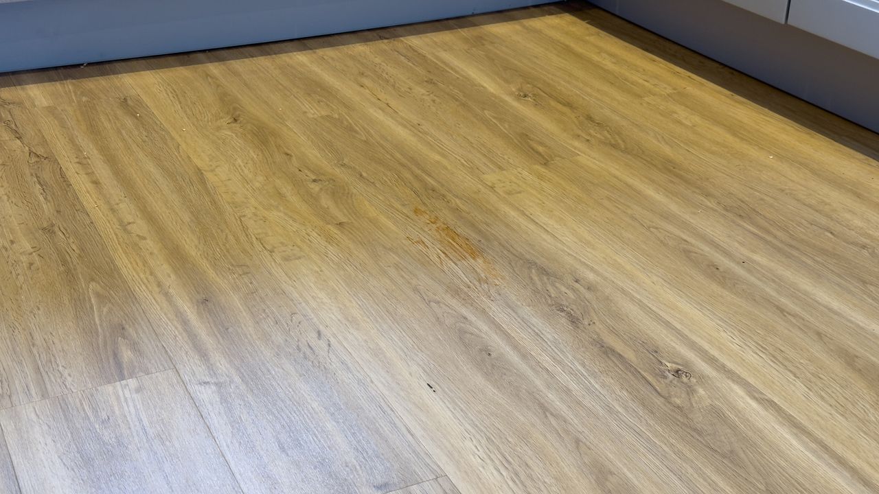 Hard floor with ketchup smeared over it &ndash; after first clean with Dyson Spot+Scrub