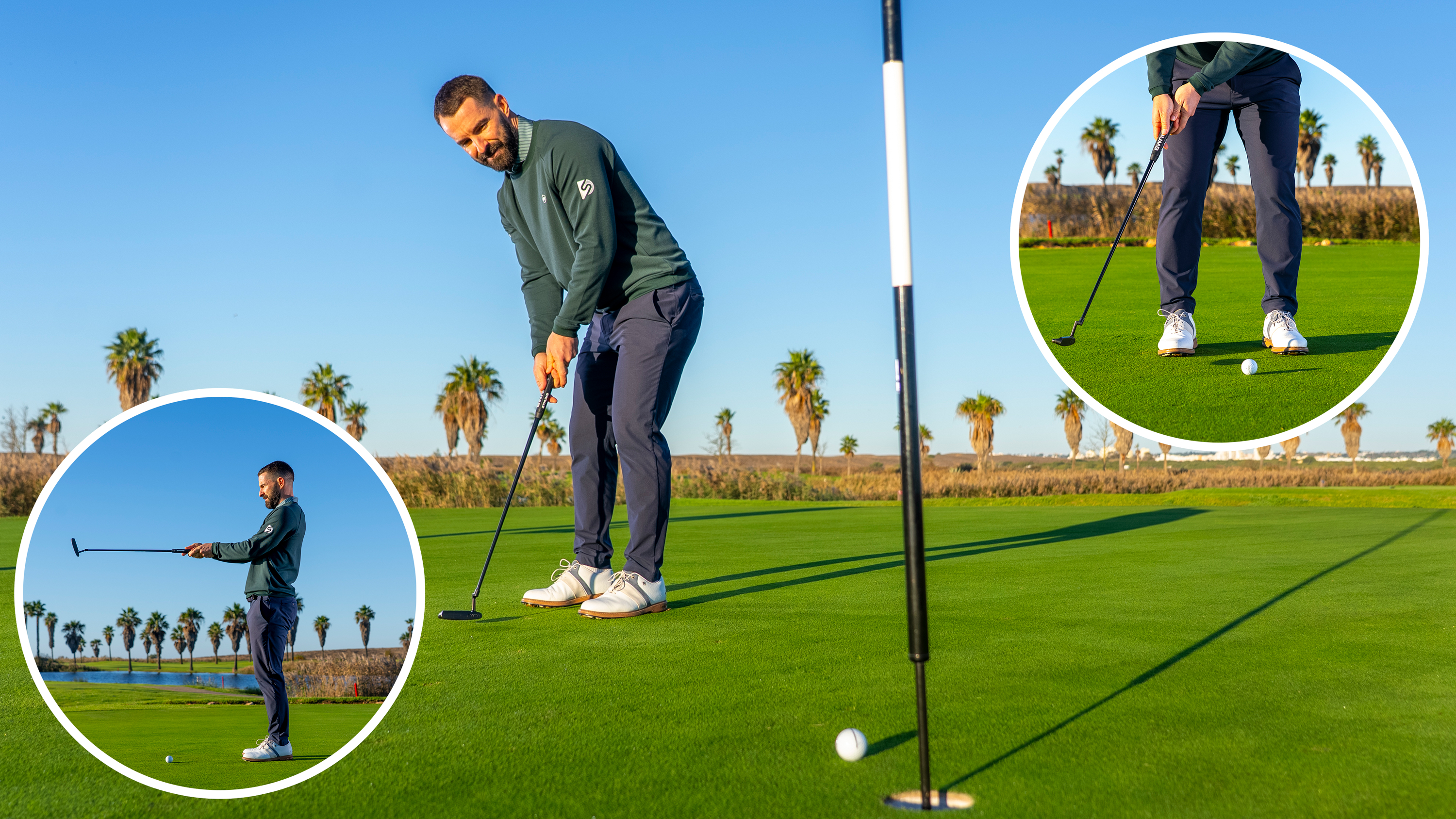 Putting Specialist Coach James Jankowksi sinking a putt from the middle of the green with the ball just falling into the hole, with two inset images of tips for how to putt better