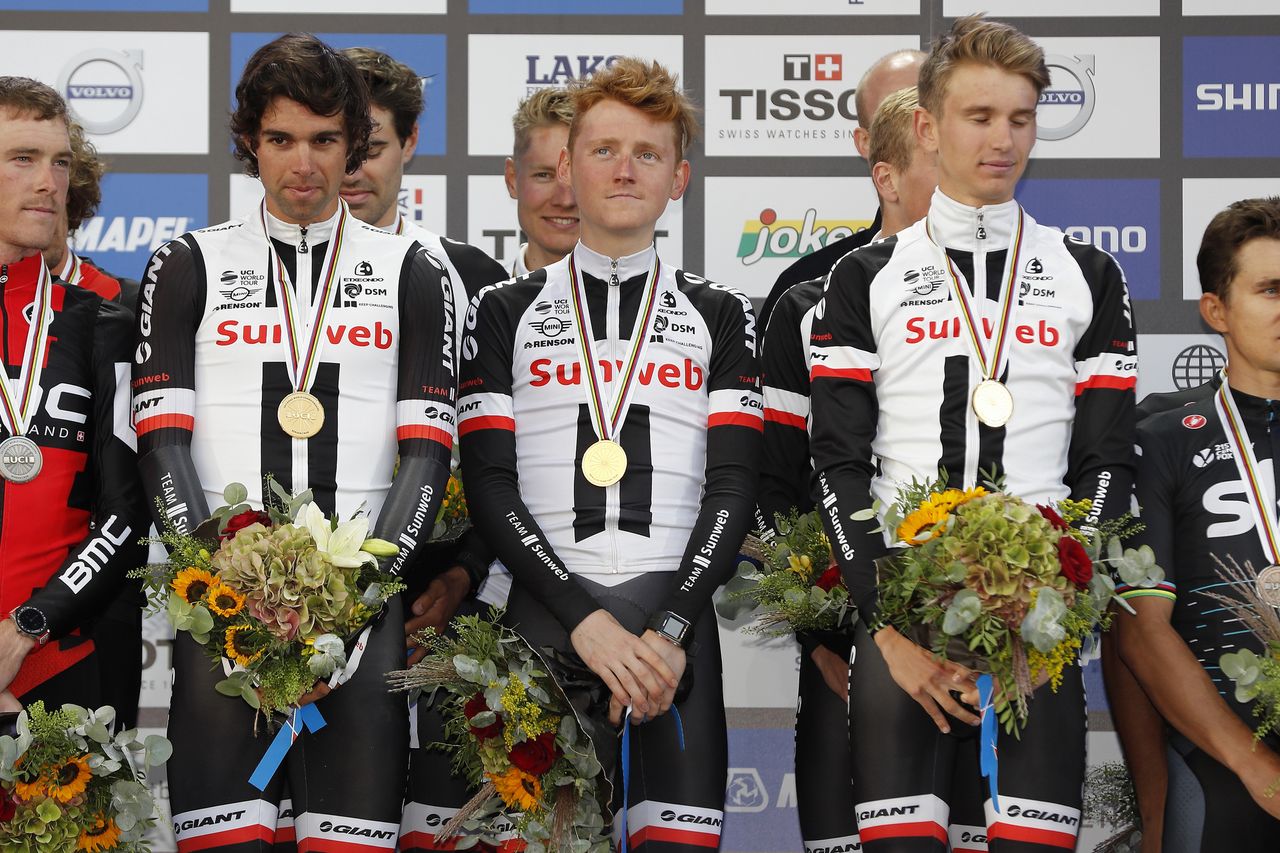 Team Sunweb on the podium after their gold medal ride in Bergen