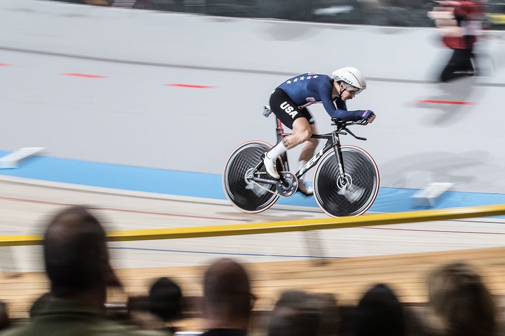 Ashton Lambie competes on the track for USA Cycling