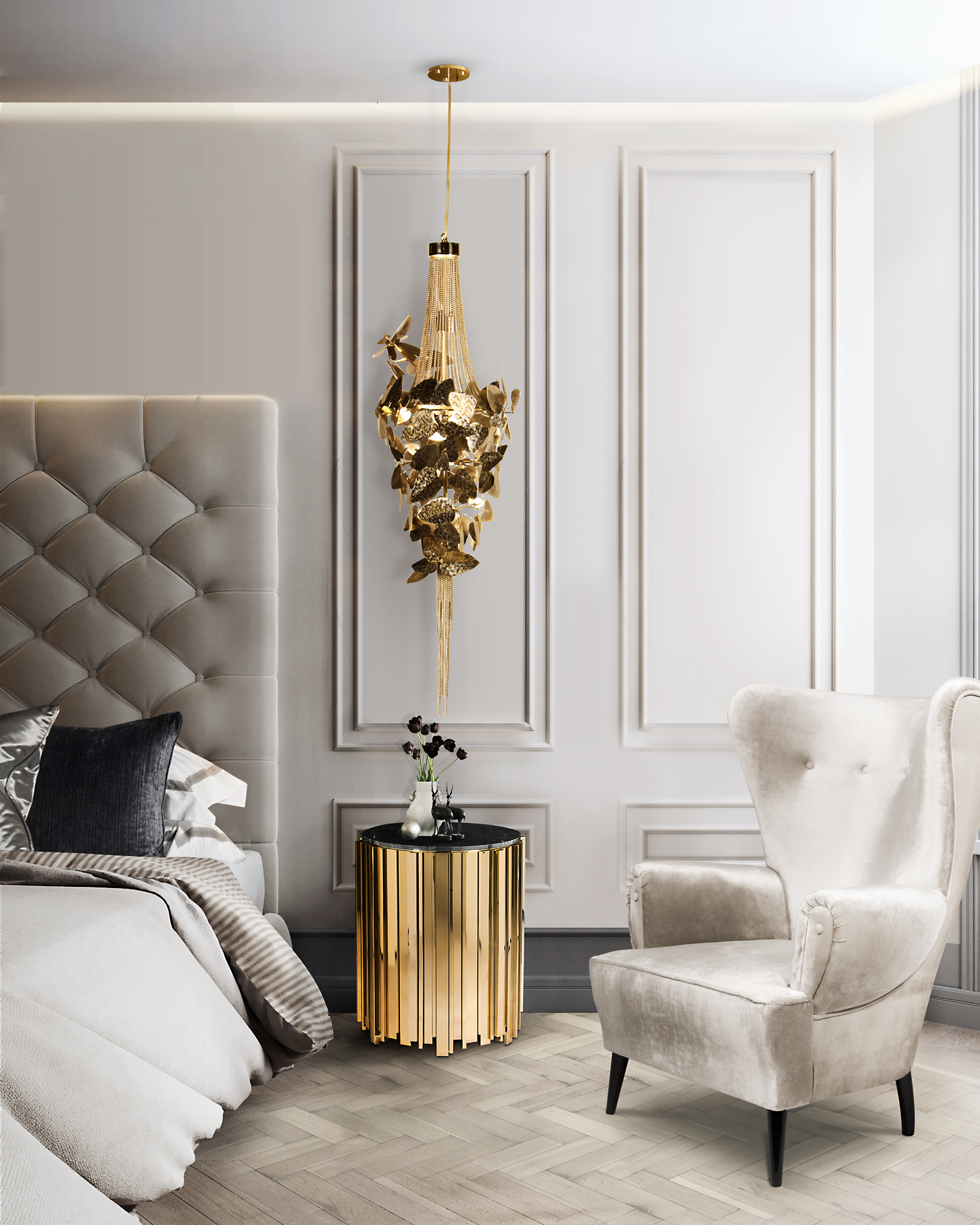 Glamorous grey, gold and white bedroom by Luxxu