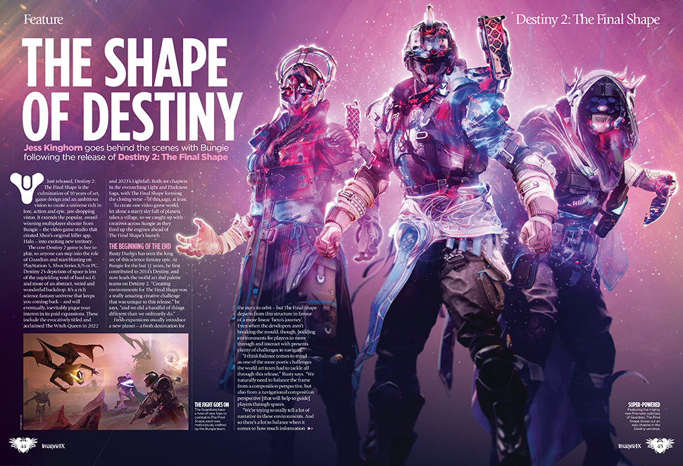 Double-page spread of a Destiny 2 feature from ImagineFX 242 with the heading 'The shape of Destiny', featuring concept art of the new Prismatic subclass from the game.