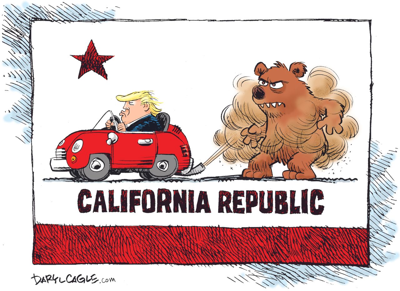 Political Cartoon U.S. California Trump emissions pollution