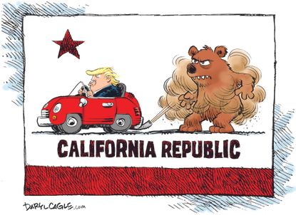Political Cartoon U.S. California Trump emissions pollution
