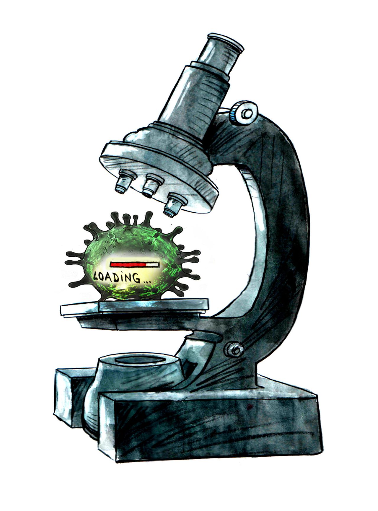 Editorial Cartoon World Coronavirus COVID-19 microscope loading evolving