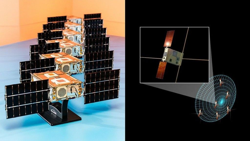 孤立影像:左邊的桌子上有 6 顆小衛星。在右側,衛星以圖示圓圈內的圖案在太空中飛行。