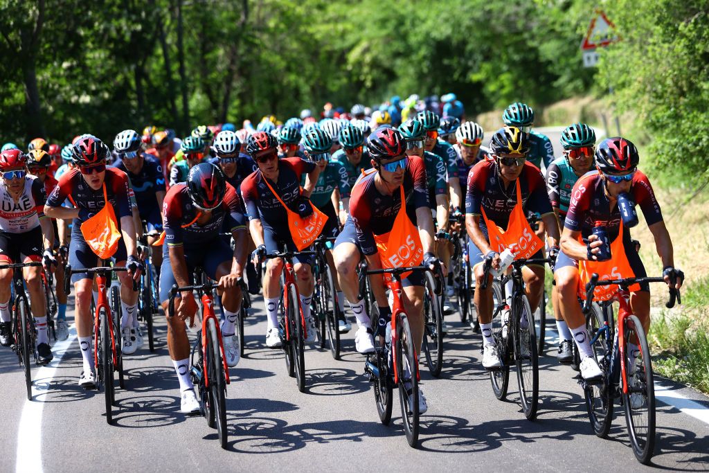 BLOCKHAUS ITALY MAY 15 LR Pavel Sivakov of Russia Jhonnatan Narvaez Prado of Ecuador Ben Tulett of United Kingdom Salvatore Puccio of Italy Richard Carapaz of Ecuador and Richie Porte of Australia and Team INEOS Grenadiers in the feeding area during the 105th Giro dItalia 2022 Stage 9 a 191km stage from Isernia to Blockhaus 1664m Giro WorldTour on May 15 2022 in Blockhaus Italy Photo by Michael SteeleGetty Images
