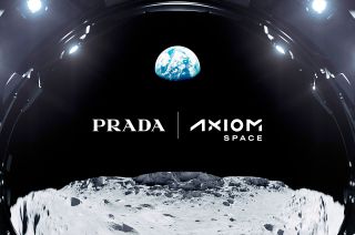 photo of earth as seen from the moon's surface, with the logos of Prada and Axiom Space superimposed atop it.