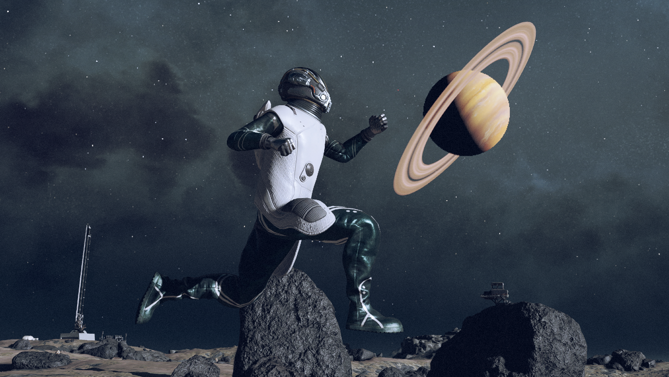 A player leaping into the sky on a barren moon in Starfield.