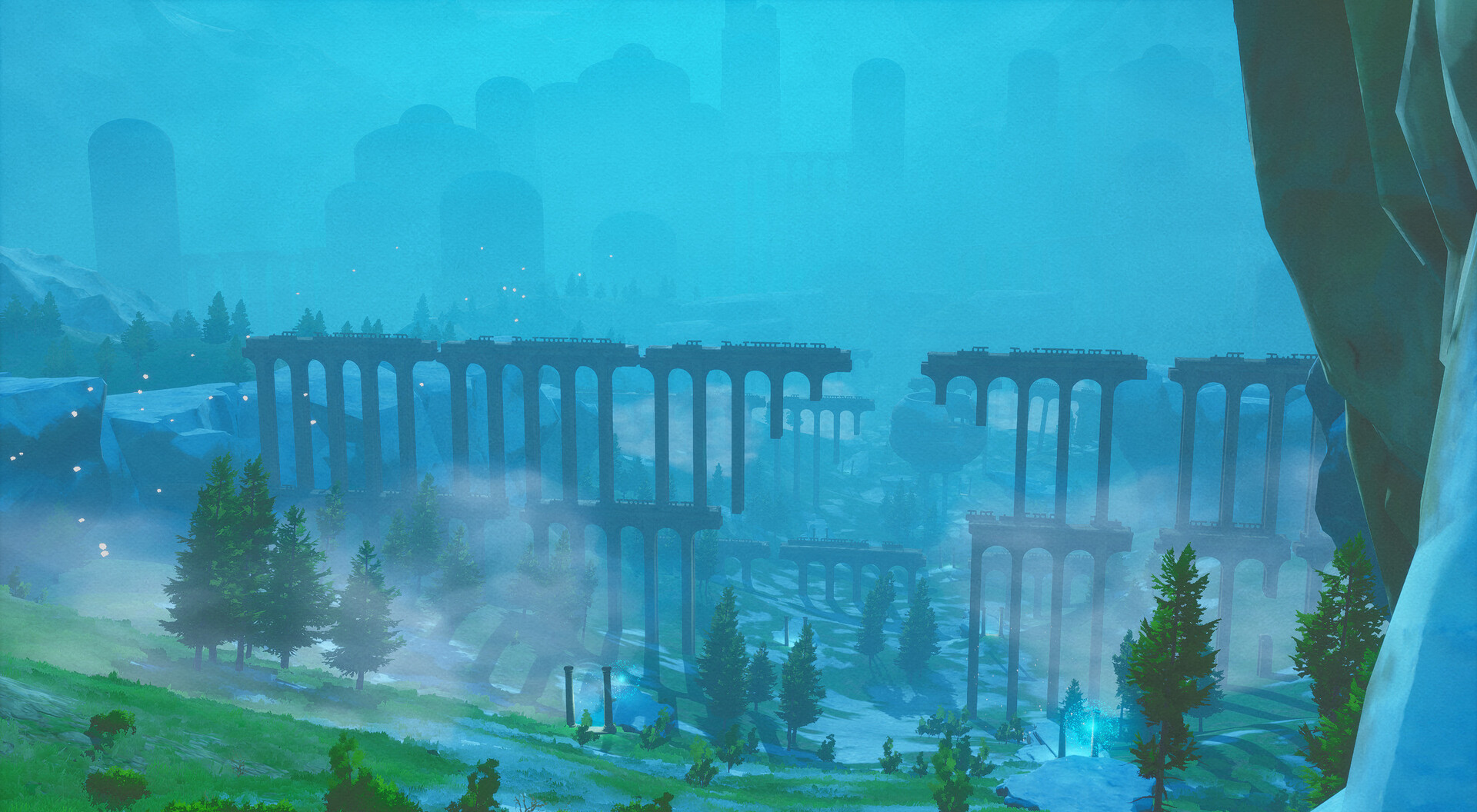 decaying aqueducts with city in background in Europa
