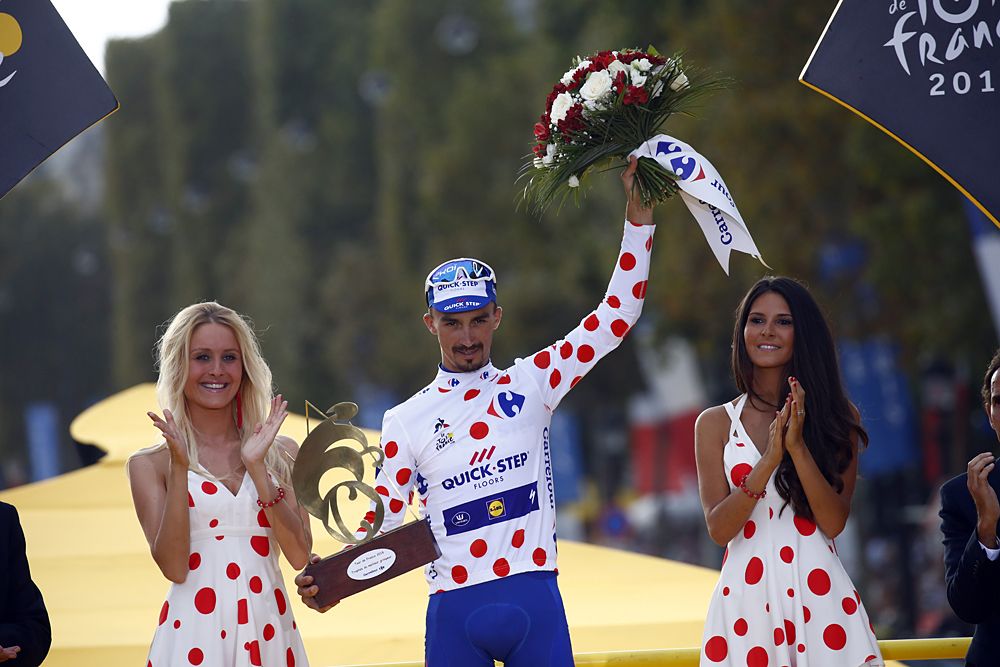 Julian Alaphilippe (Quick-Step Floors) on the final podium as the winner of the mountain classification at the Tour de France