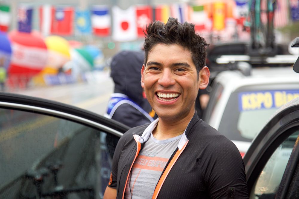 Edwin Avila after winning stage 1 at the Tour de Taiwan