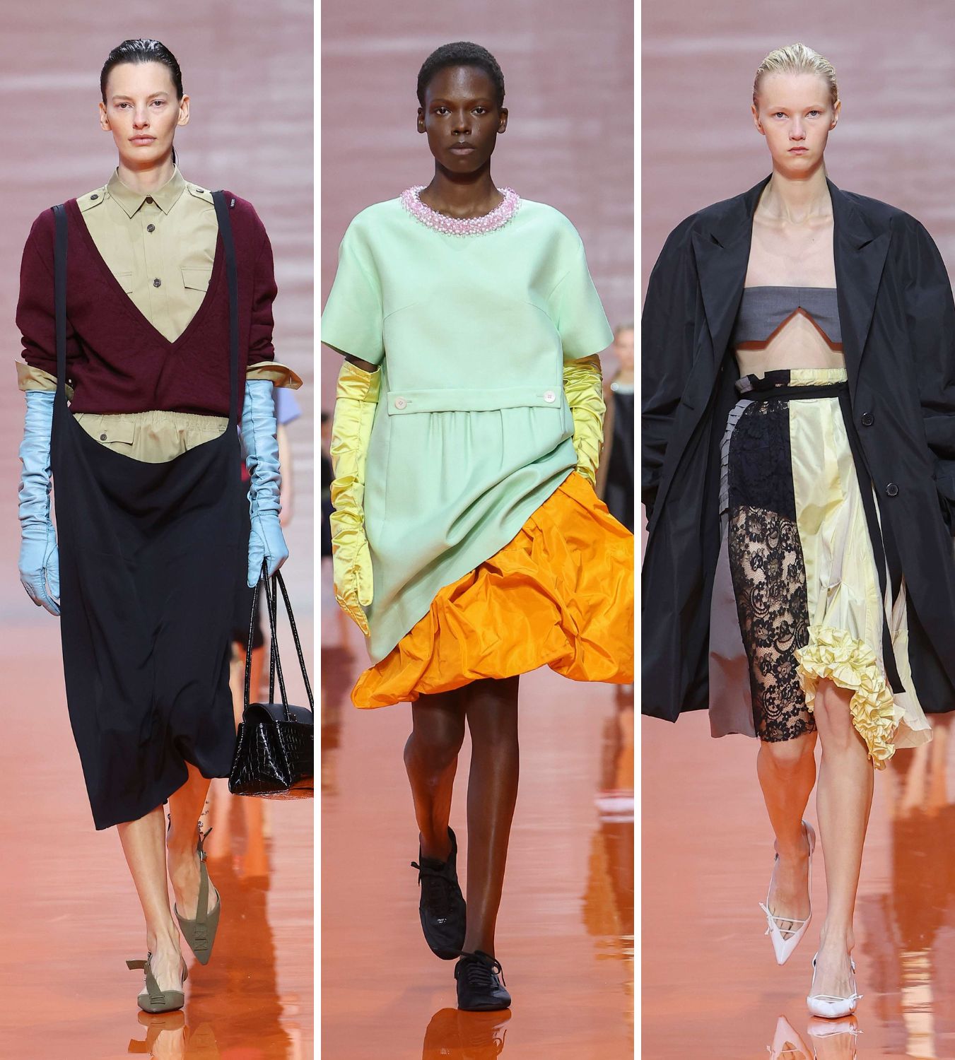 three models at the prada ss26 show during milan fashion week