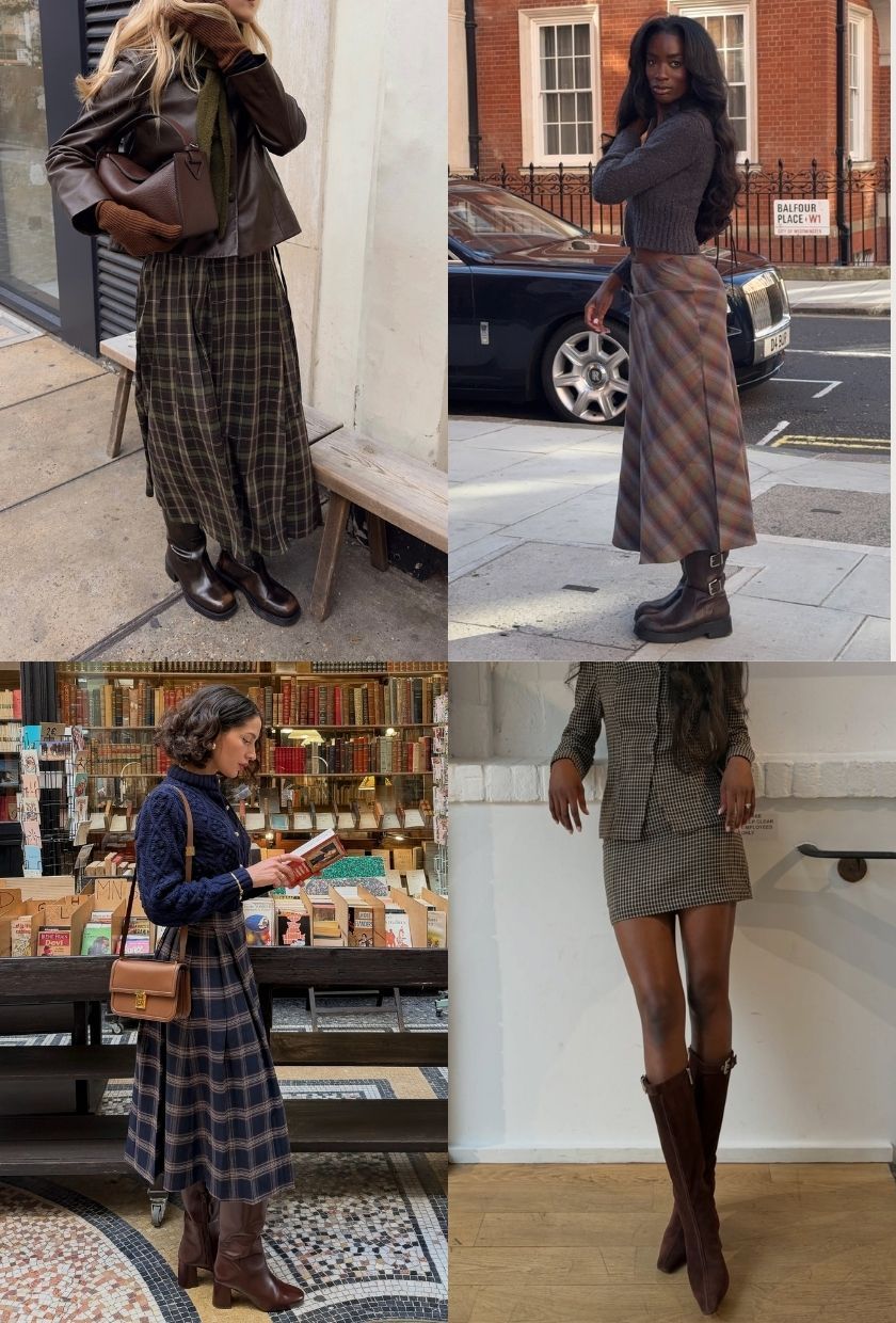@chloekathbutler wearing a brown check skirt, @_livmadeline wearing a brown check skirt, @melodiebanfield wearing a blue check skirt, @_livmadeline wearing a brown mini check skirt with brown boots
