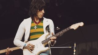 Jeff Beck plays a Fender Stratocaster guitar as he performs with hard rock super-group Beck, Bogert & Appice at the 'Rock At The Oval' festival, London, 16th September 1972.