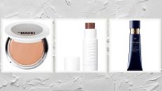 A selection of cream foundations from Makeup by Mario, Milk Makeup, Clé de Peau Beauténon a grey cream textured background