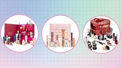 three of the best beauty advent calendars in circles against a check pink and blue background