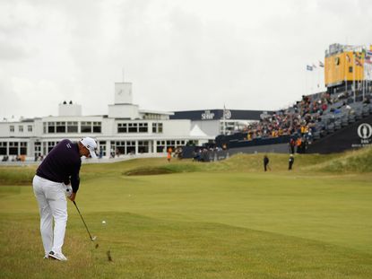 Ian Poulter hits to the 18th at Birkdale