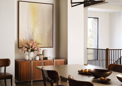 brown color palette in a dining room using yellows and pinks