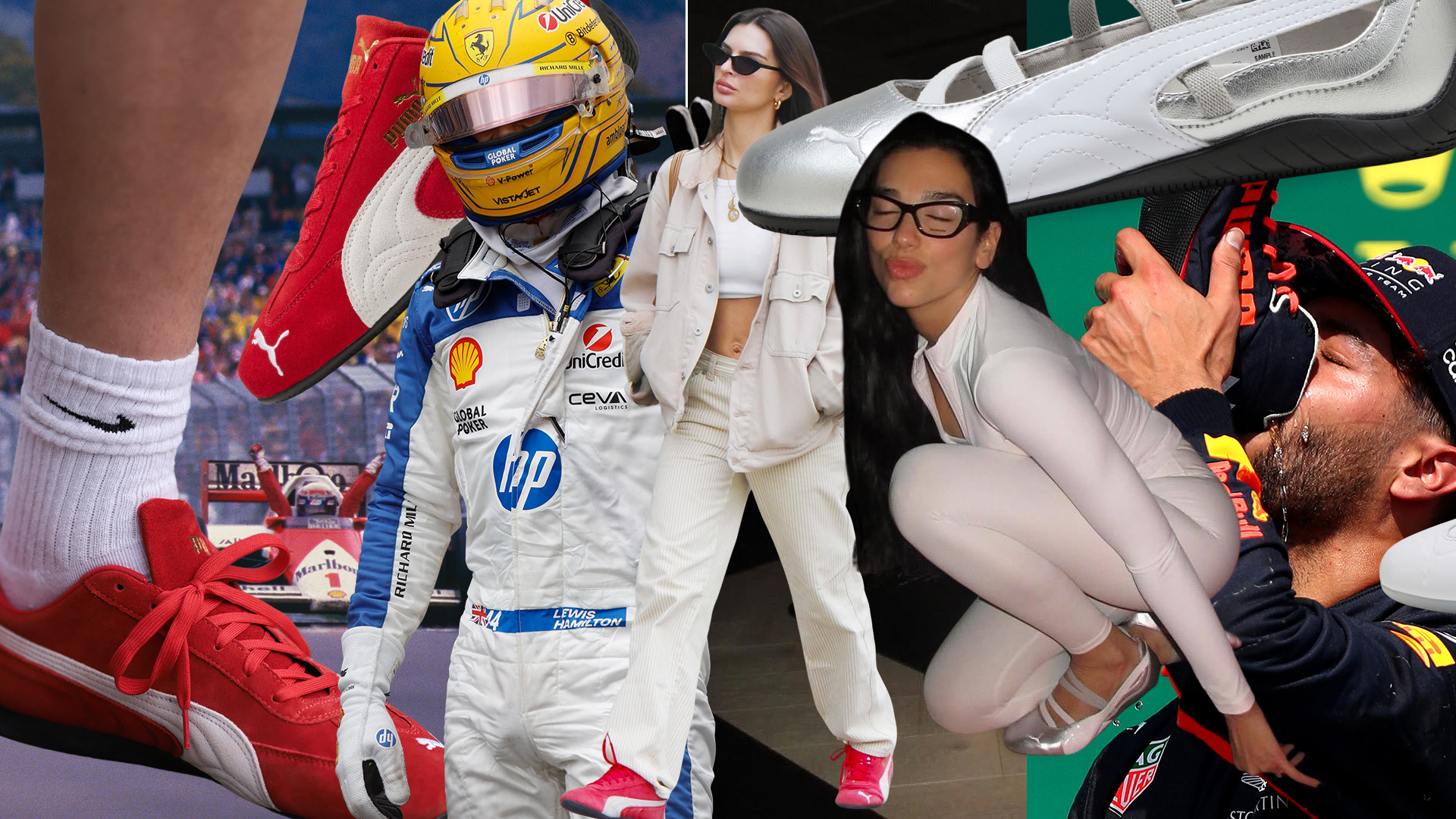 Collage of celebrities and racing drivers wearing PUMA Speedcat OG shoe.