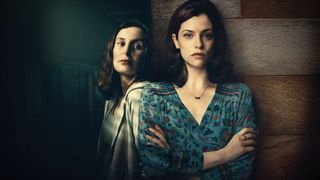 Laura Carmichael in a cream hoodie and green t-shirt as Agatha and Jessica De Gouw in a green floral top in the second series of The Secrets She Keeps season 2 