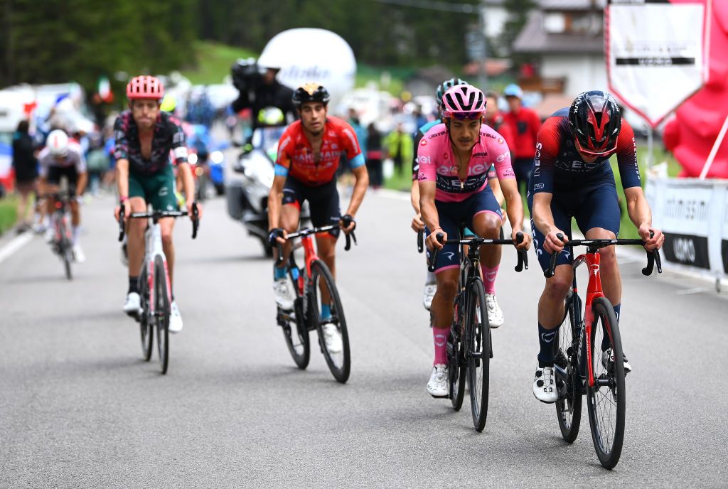 PASSO FEDAIA ITALY MAY 28 LR Richard Carapaz of Ecuador Pink Leader Jersey and Pavel Sivakov of Russia and Team INEOS Grenadiers cduring the 105th Giro dItalia 2022 Stage 20 a 168km stage from Belluno to Marmolada Passo Fedaia 2052m Giro WorldTour on May 28 2022 in Passo Fedaia Italy Photo by Tim de WaeleGetty Images