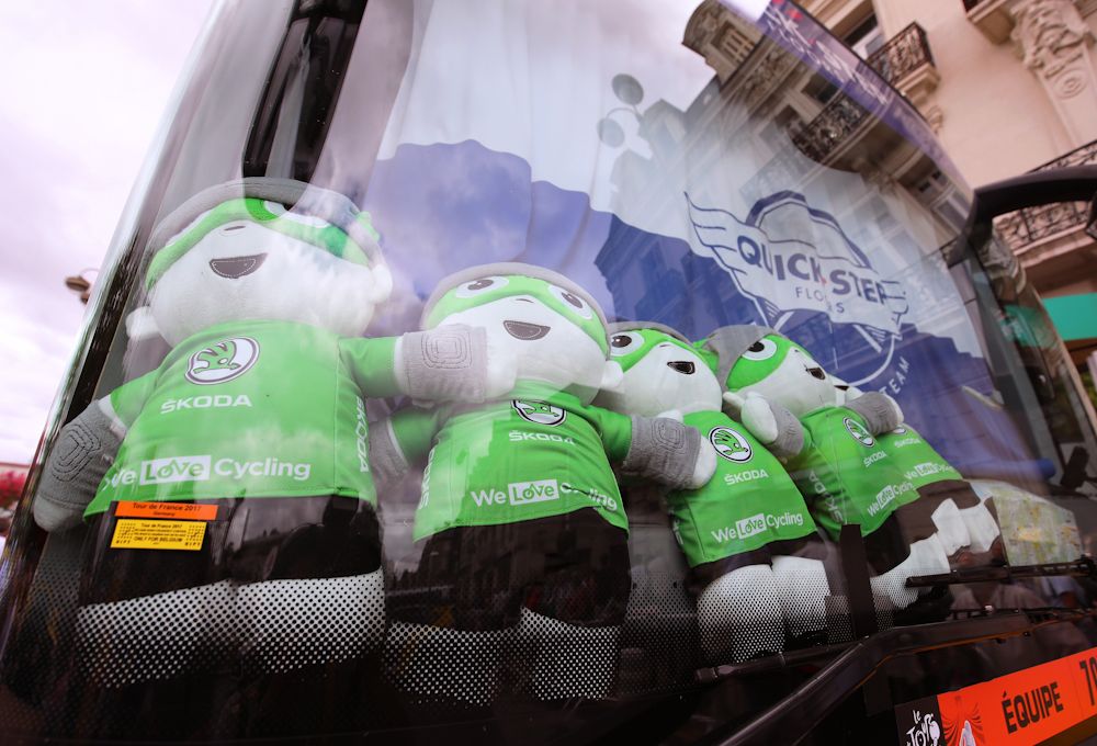 Marcel Kittel's collection of daily green jersey plushy toys sit in the Quick-Step bus