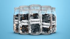 Photo composite illustration of penny jars labelled with NATO countries