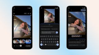 Three phones show the process of text prompts inside Google Photos