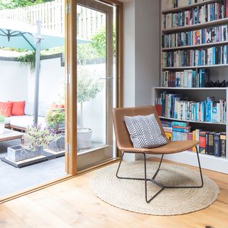 library with books and chair
