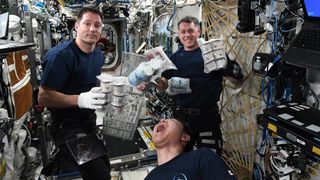 Space station astronauts have fun with many pints of ice cream that recently arrived on a SpaceX Dragon cargo spacecraft.